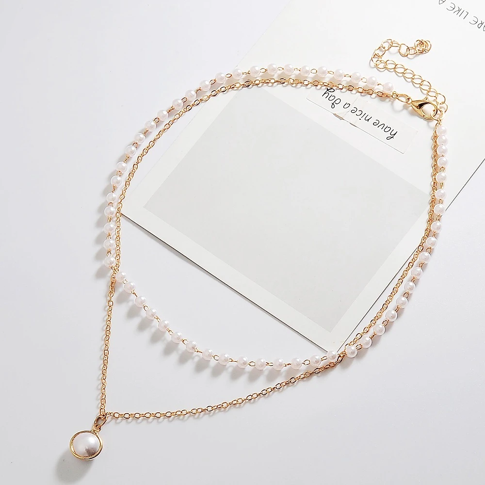 YD Korean Jewelry Fashion Pearl Choker Necklace, Women Cute Girl Gold color Double Layer Chain Pearl Pendant necklace