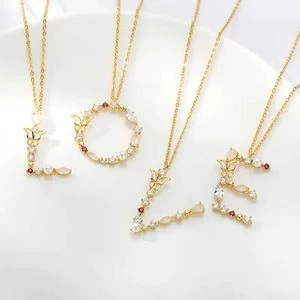 Fashion Latest Design 26 Initial Letter Necklace Women Colorful Zircon Butterfly Opal Pendant Necklace