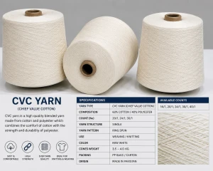 CVC Yarn 60% Cotton 40% Polyester | Ne 20/1, 24/1 & 30/1 | Ring Spun
