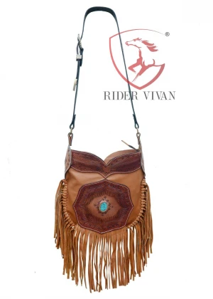 Cow Leather Fringe Crossbody Bag with Turquoise Stone, Western Bag, Hand Tooled Leather, 11" x 13"