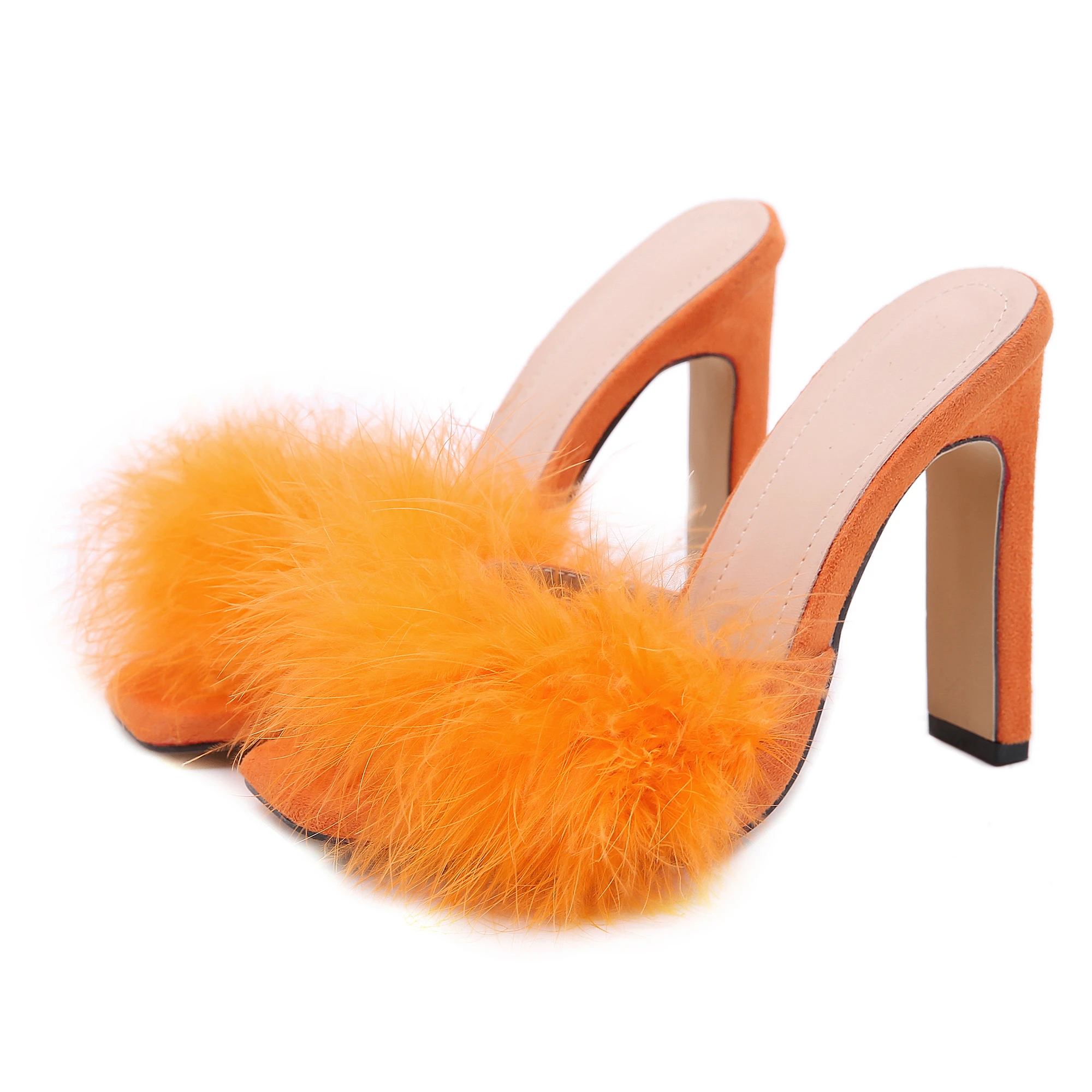 101152 SEEYOUFIRST shoes women Wholesale Feather High Heels Square Toe Comfortable Thick Heel Sandals and Slippers