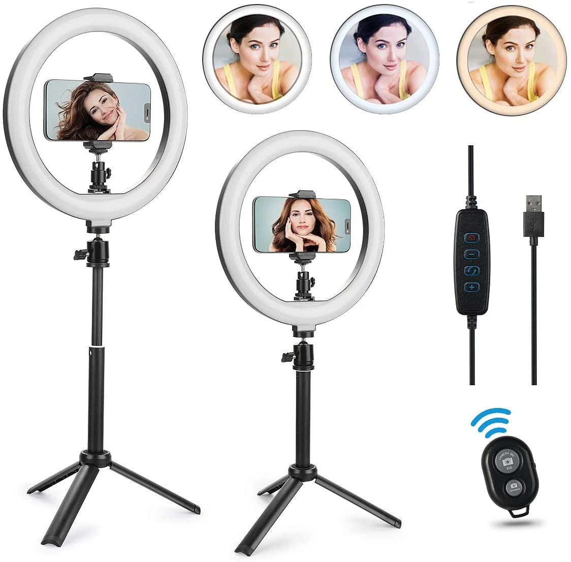 10.2" ring light led selfie with rotary tripod stand and phone holder,  Desktop Selfie Light Ring Led Camera Ringlight