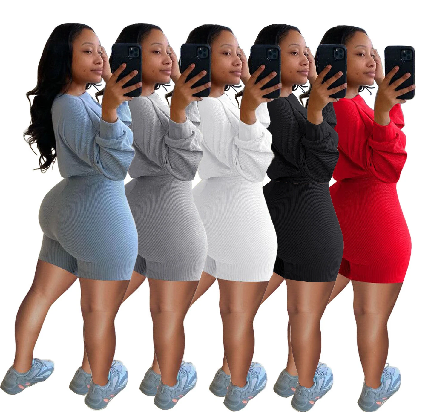 2 Piece Set Sexy Ladies Leisure Pure Color Long Sleeve Two Piece Shorts Set Hoodie Women Clothing Tracksuit Joggers Suits Set
