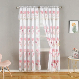2020 rod pocket pink embroidery floral tulle curtain for window two layer sheer curtain with valance