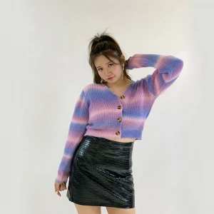 2021 New Arrivals Spring Fashionable Women Eye-Catching Purple Striped Crew Neck Wool Sweater Coat