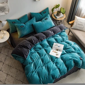 2021 New magic velvet Fleece bedding set 4pcs/set stripe duvet cover flat sheet pillowcase AB side flannel winter warm bed linen
