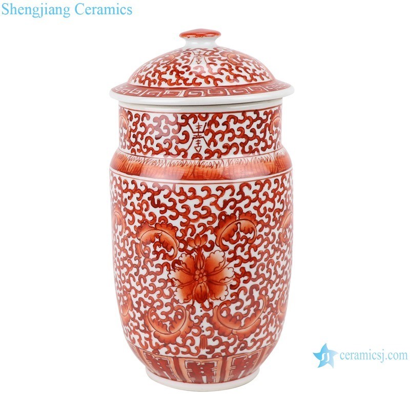 Alum Red Twisted Lotus Flower Ceramic Storage Lidded Jar