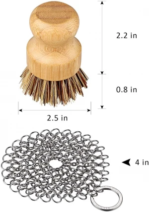Bamboo Wood Stainless Steel Chainmail Scrubber Set Cast Iron Cleaner 4in with Wood Scrub Cleaning Brushes