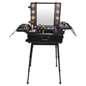 Black aluminum beauty box with lights,foot stand and wheels