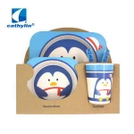 Cathylin Bamboo Fiber Kids Dinnerware Set, Cartoon Animal Pattern Dinner Plates Set With Cup Fork Spoon Unbreakable Dinnerware