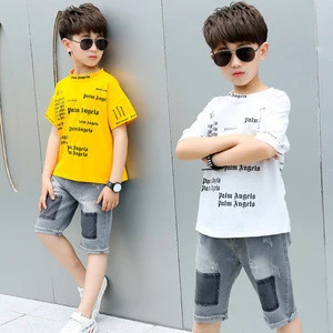 Children Boys Formal Wear 2 Piece Set Yellow T-Shirt Jeans Short Sleeve Little Boy Tracksuit Suit With Shorts