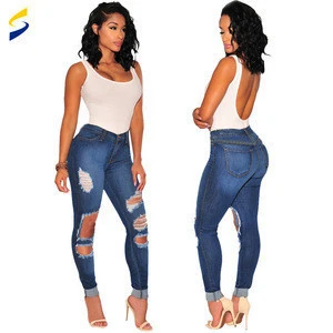 China factory supplier cheap womens jeans slim fit ripped colombian butt lift jeans wholesale for women