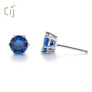 CIJ sapphire blue stud earring women men gift 925 sterling silver jewelry