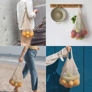 Cotton Net Handled Long Short Handle Bag Biodegradable Eco Friendly Food Vegetable Fruits Grocery Shopping Mesh Customized Color