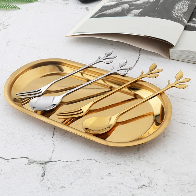Creative Colorful Leaf Shaped Spoon Stainless Steel Tea Coffee Ice Cream Spoon Set Flatware set