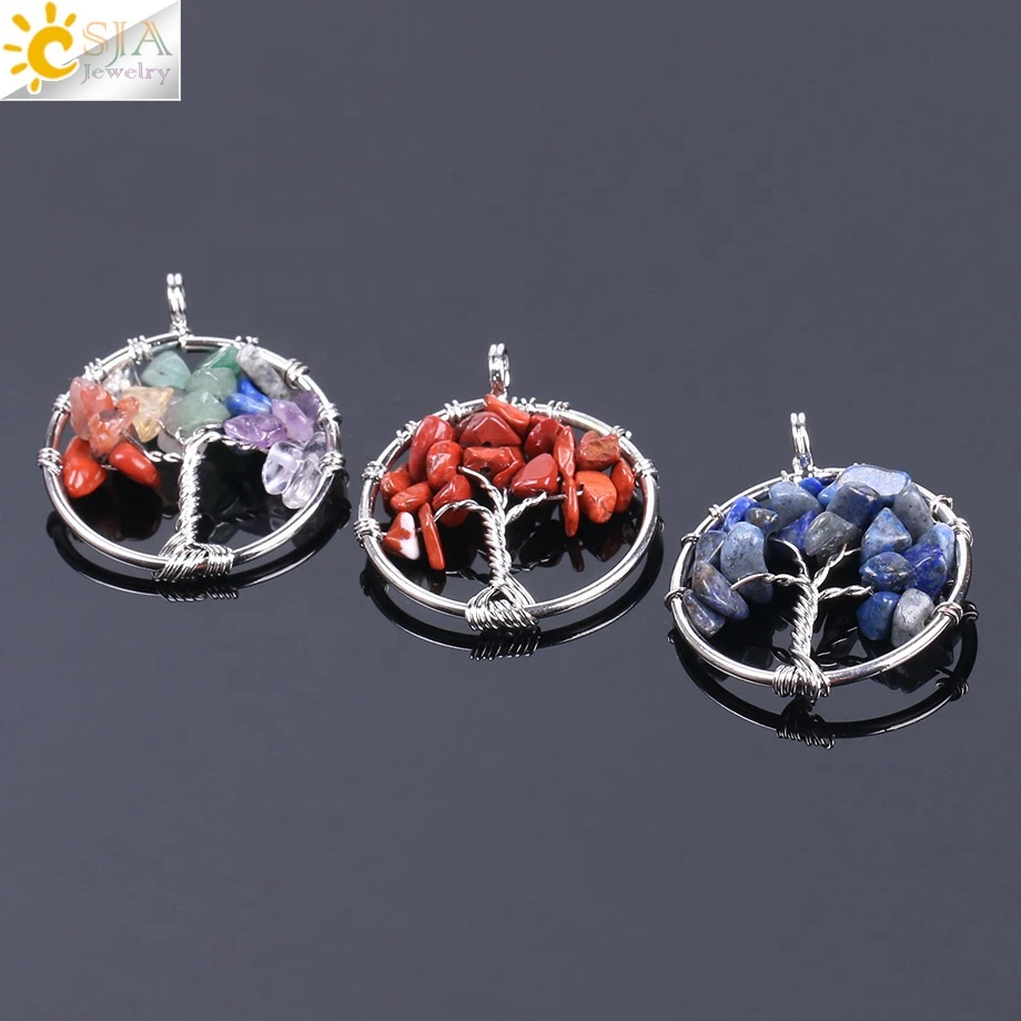 CSJA wholesale natural crystal  7 chakra wire wrapped lucky riches tree of life gem stone pendant necklace women jewelry F141