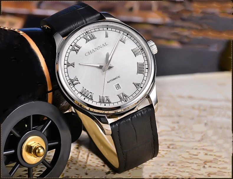 Custom fashion watch stainless steel case bottom leather waterproof mens watch