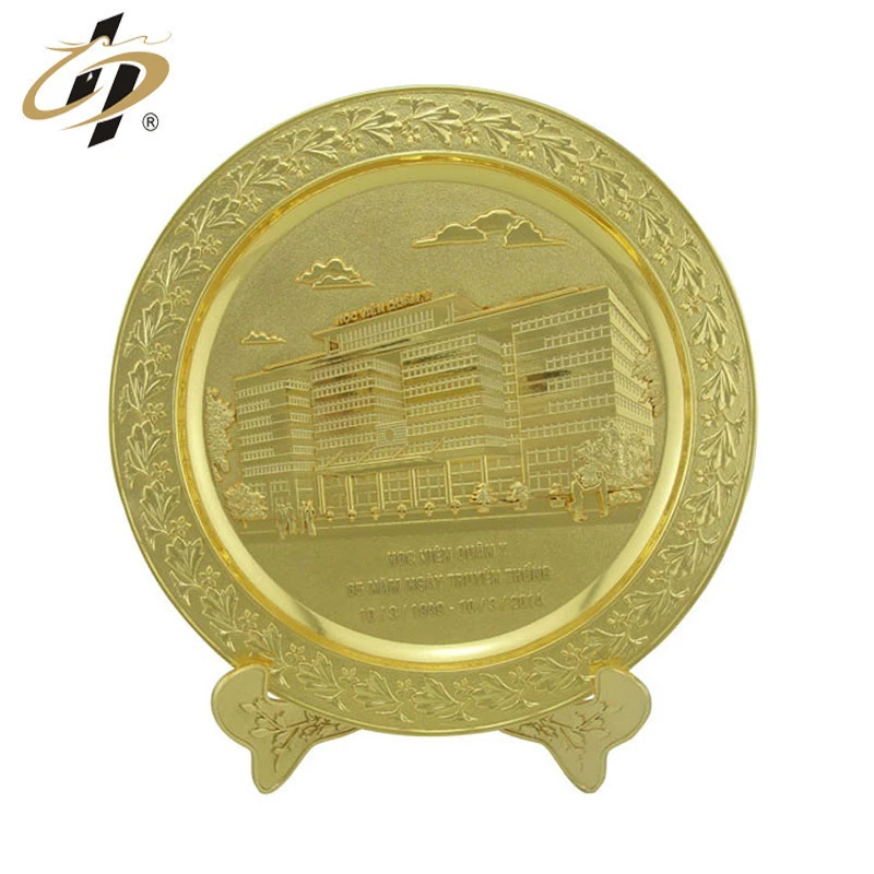 Custom promotional home decor gold plated round shape metal souvenir plate