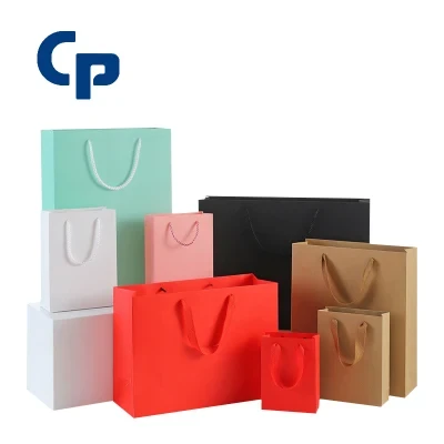 Customized Printed Branded Logo Recyclable 230g Kraft Paper Gift Shopping Packaging Handle Bag with Ribbon Handle