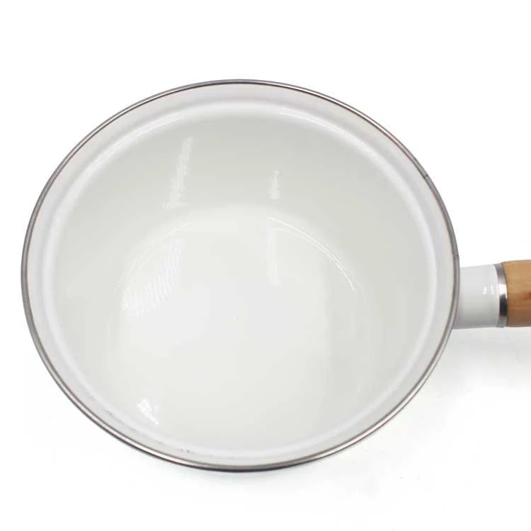 Customized Printing Carbon Steel Sauce pan Milk Pot  Enamel Metal Pan with instant noodles Pot With Wooden Handle