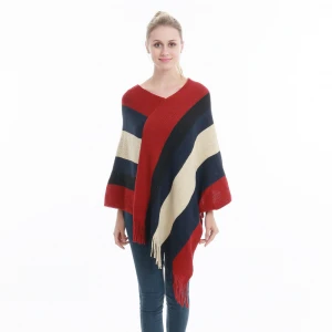 DDA174 Pullover Cape Fashion  Sweater Knit Scarf Women Striped Warm Tassel Cloak Cape Ladies Vintage Knitted Loose Shawl