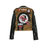 Fashion Brand Rivet Beading Graffiti Pu Leather Jacket Badge Punk Motorcycle Street-wear Female Yellow Leather Jackets and Coats