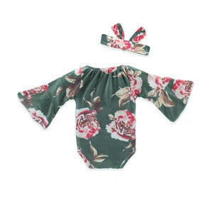 Fashion Newborn Baby Girls Flared Long Sleeve Floral Romper Bodysuit Jumpsuit Outfits