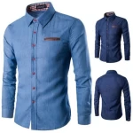 Formal Slim Fit Dark Blue Long Sleeve Casual Denim Jeans Elegant Lapel Dress Shirt For Men