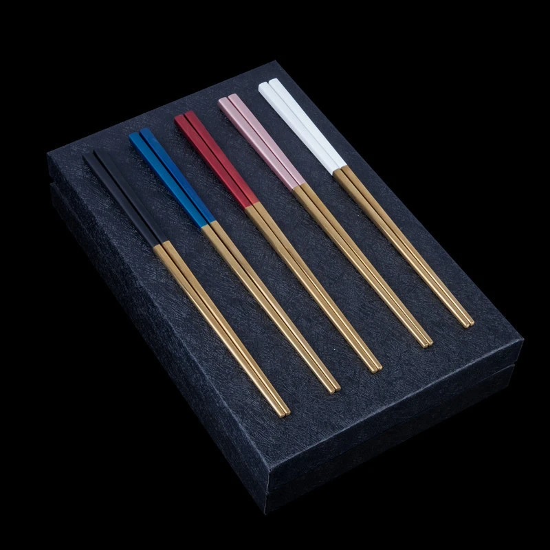 Gold Stainless Steel Chopsticks with Black/Blue/White/Red/Pink Handle