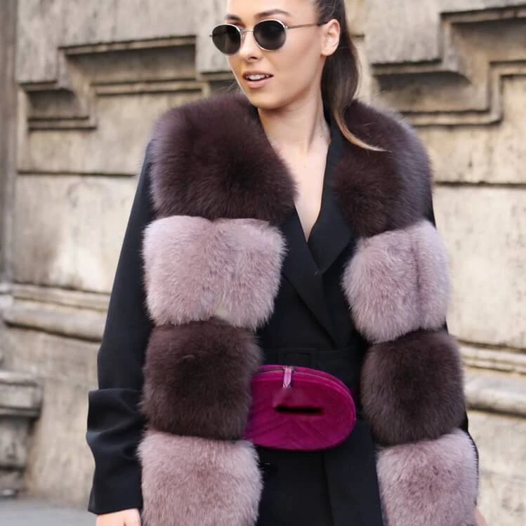 Grey Wine Color Mix Vest Fashion Striped Luxury Fur Gilet Short Fox Fur Vest