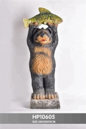 Handcrafted Polyresin Lovely Welcom statue of Bear carring salmon / flowers