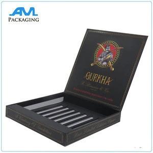 Handmade hinged black cardboard cigar packaging box with stamping logo