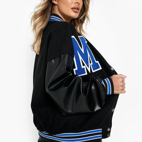 High Quality Custom Wool Body Leather Sleeves Letterman Jacket with Chenille Embroidery Women Crop Varsity Jackets