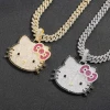 Hip Hop Iced Out Pink Solid Zircon Shiny Cartoon Hello Cat Kitty Jewelry Cute Cat Crystal Pendant Charm Necklace