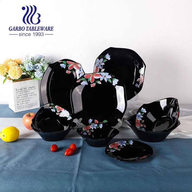 Home use OEM customer Printed Flower Decoration Stock opal glass dinner Set dish plate bowl black opal glassware dinnerware
