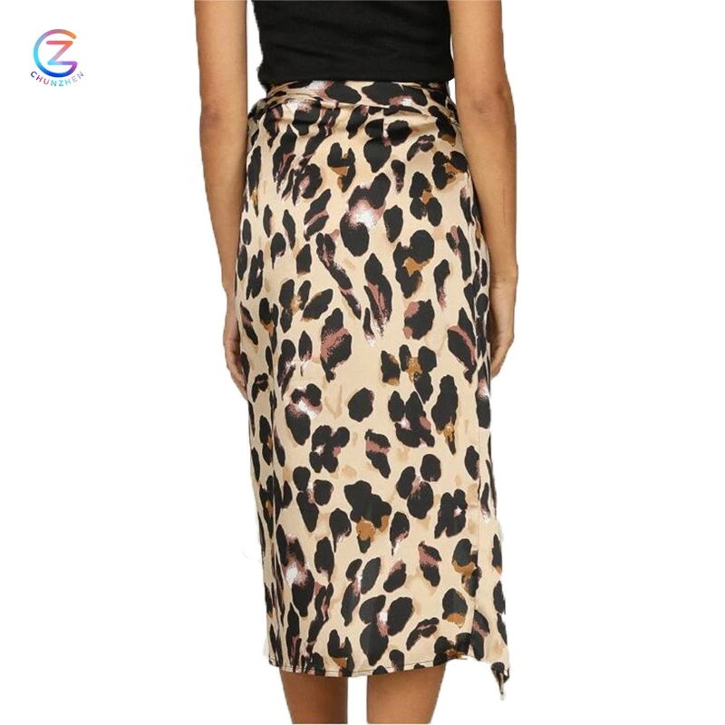Hot sale Leopard Print Spinning Women Crepe Midi Skirt Elegant Lady Casual Dress  Plus Size Ruffle Dresses Beach Silk Skirts