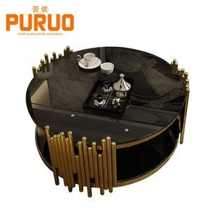 Hotel home furniture center table gold metal frame black tempering glass coffee table