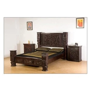 Indian Solid Wood Hand Carved Mandala Design  Low Pillar Bed