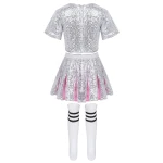 Kids Cheerleading Uniforms Child Girls Jazz Hip Hop Modern Dance Costumes Sparkling Sequins Crop Top With Skirt  Striped Socks