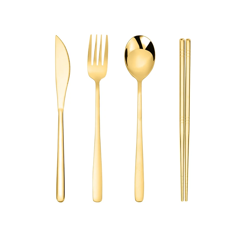 Korean Cutlery Set blue Stainless Steel 4pcs Spoon Fork Knife and Chopsticks Tableware