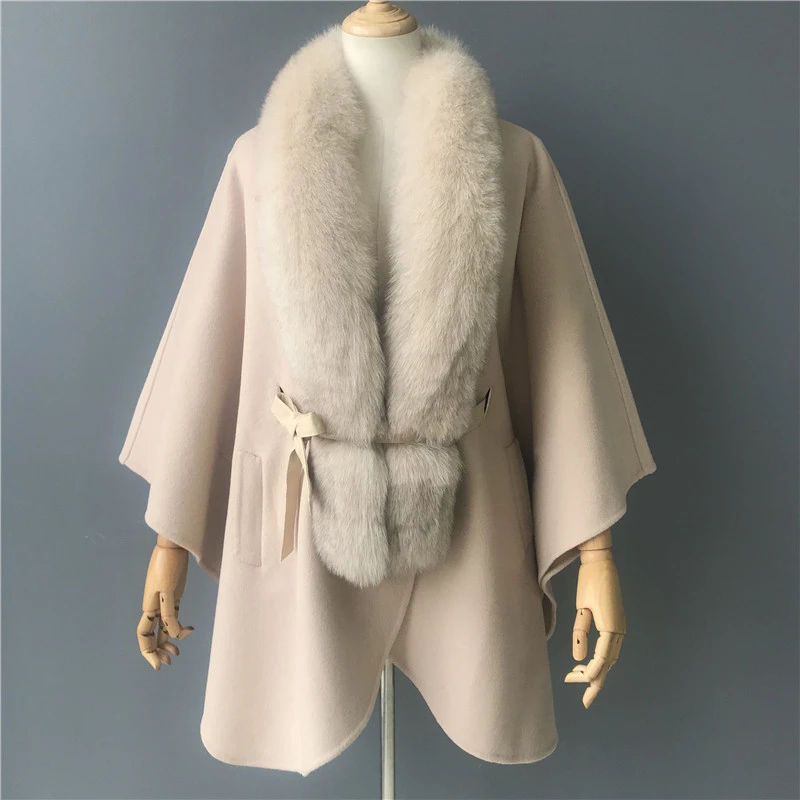 Lady Custom Merino Cashmere Wool Shawl Cape Poncho with Real Fox Fur Collar Winter Handmade Wholesale 100% Wool Poncho Women