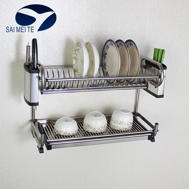 Latest products wall mounted type kitchen stainless steel 2 tier dish rack