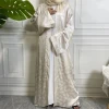 Long open style Jacquard feather pattern satin fabric loose size big sleeve with belt dubai turquie muslim women abaya