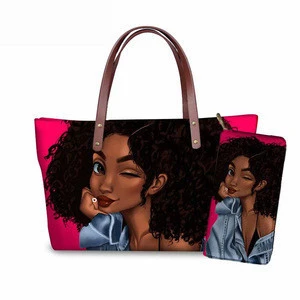 Luxury Design Handbags for Women African American Girls Black Art Shoulder Tote Bag Ladies 2pcs Purse&amp;Handbag Set