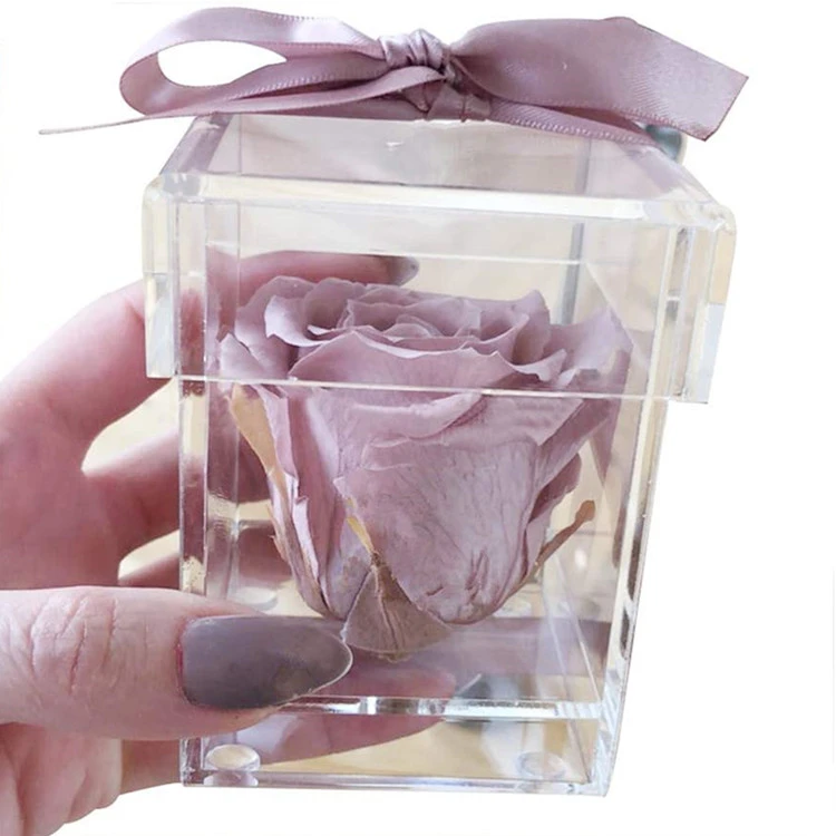 Luxury plexi glass plastic gift box clear acrylic preserved single rose boxes with lid