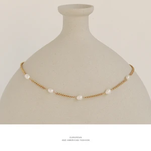 New Arrival Genuine Gold Plated Short Link Chain Choker Necklace Delicate Natural Pearl Beads Necklace