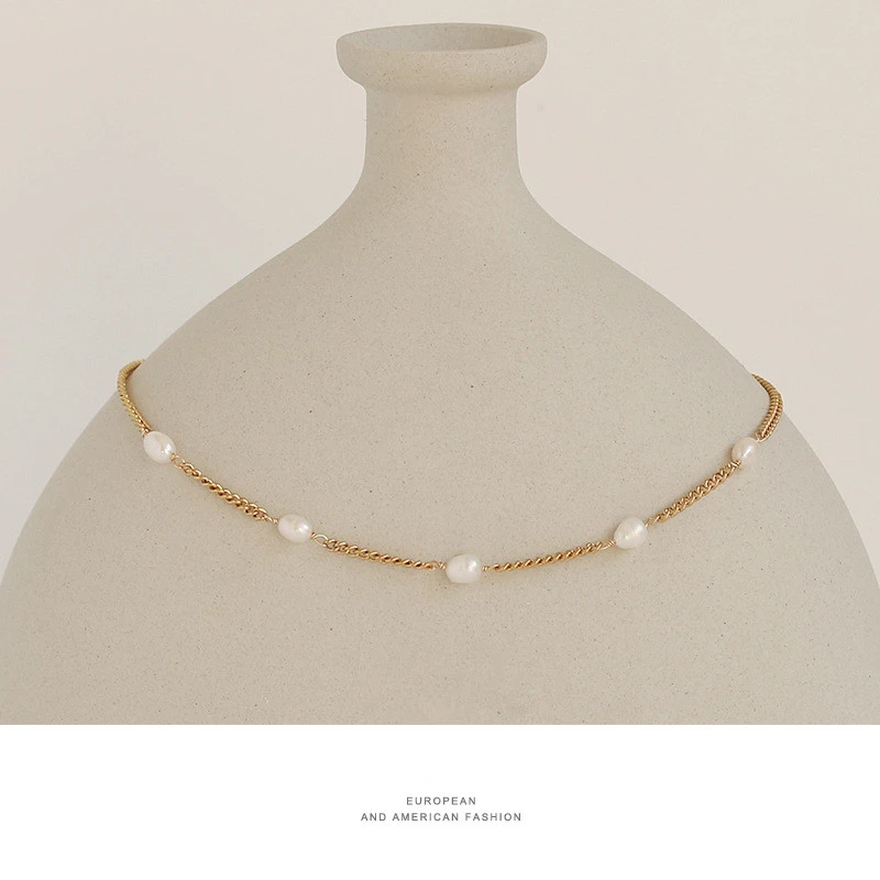 New Arrival Genuine Gold Plated Short Link Chain Choker Necklace Delicate Natural Pearl Beads Necklace