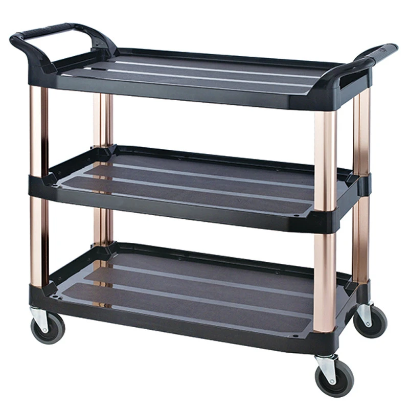 New style three-storey four-wheeled black plastic bowl collecting vehicle hotel serving cart with hand