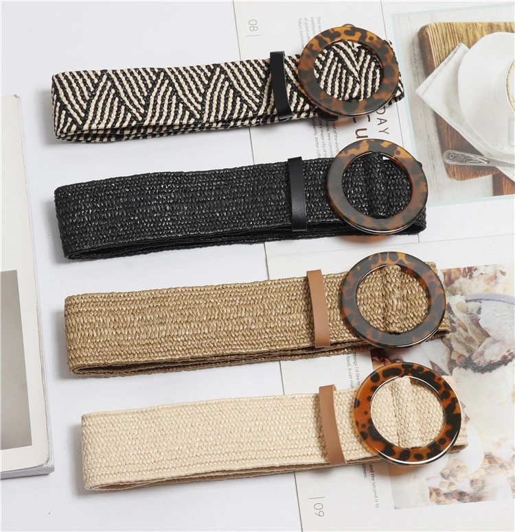 New Vintage Knitted Wax Rope Wooden Bead Waist Rope Women Smooth Buckle Belt Woman Woven Female Elastic Braided