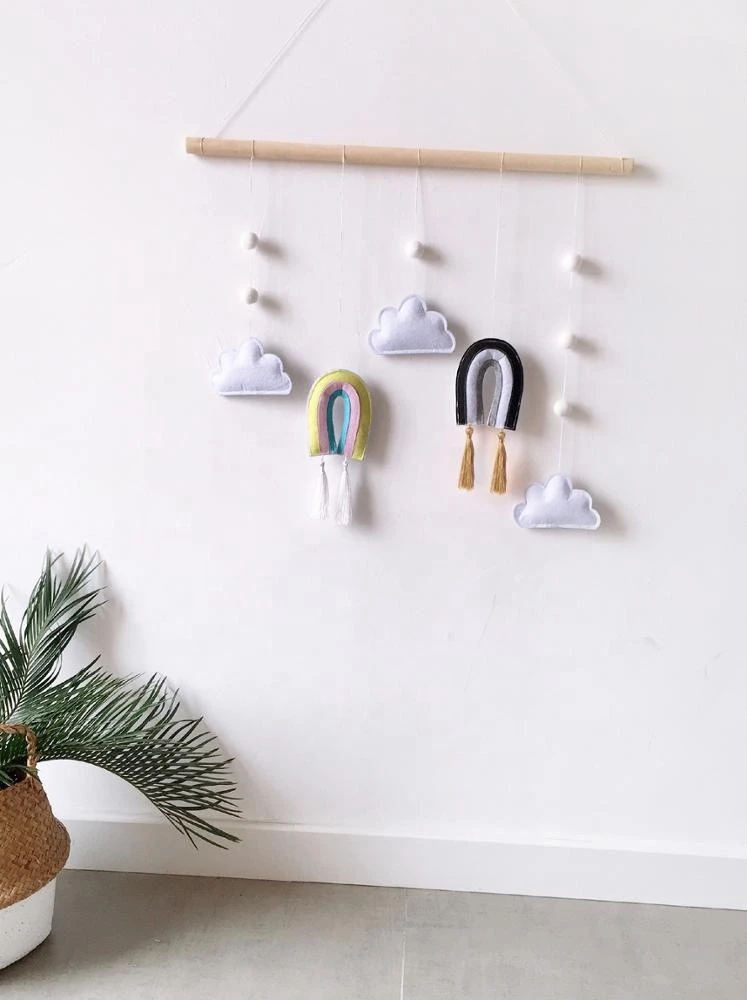 Nordic Style Wooden Stick Wall Hanging Children Home Nursery Decor Tassels Macrame Rainbow Cloud Wool Felt Decor